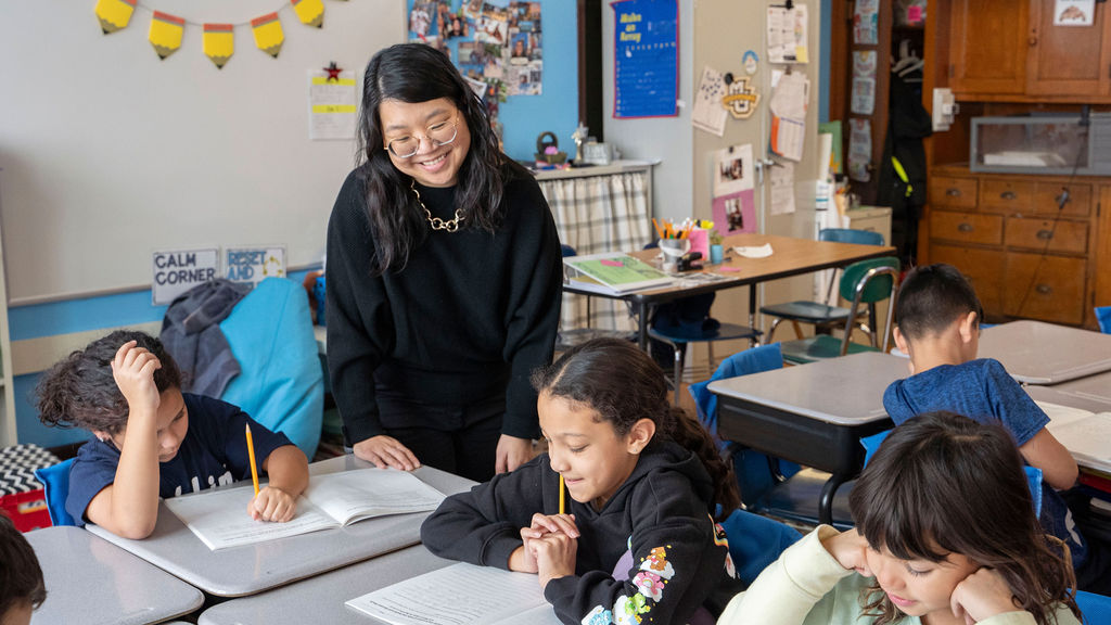 Chicago Academy Elementary Principal Joyce Pae speaking with students