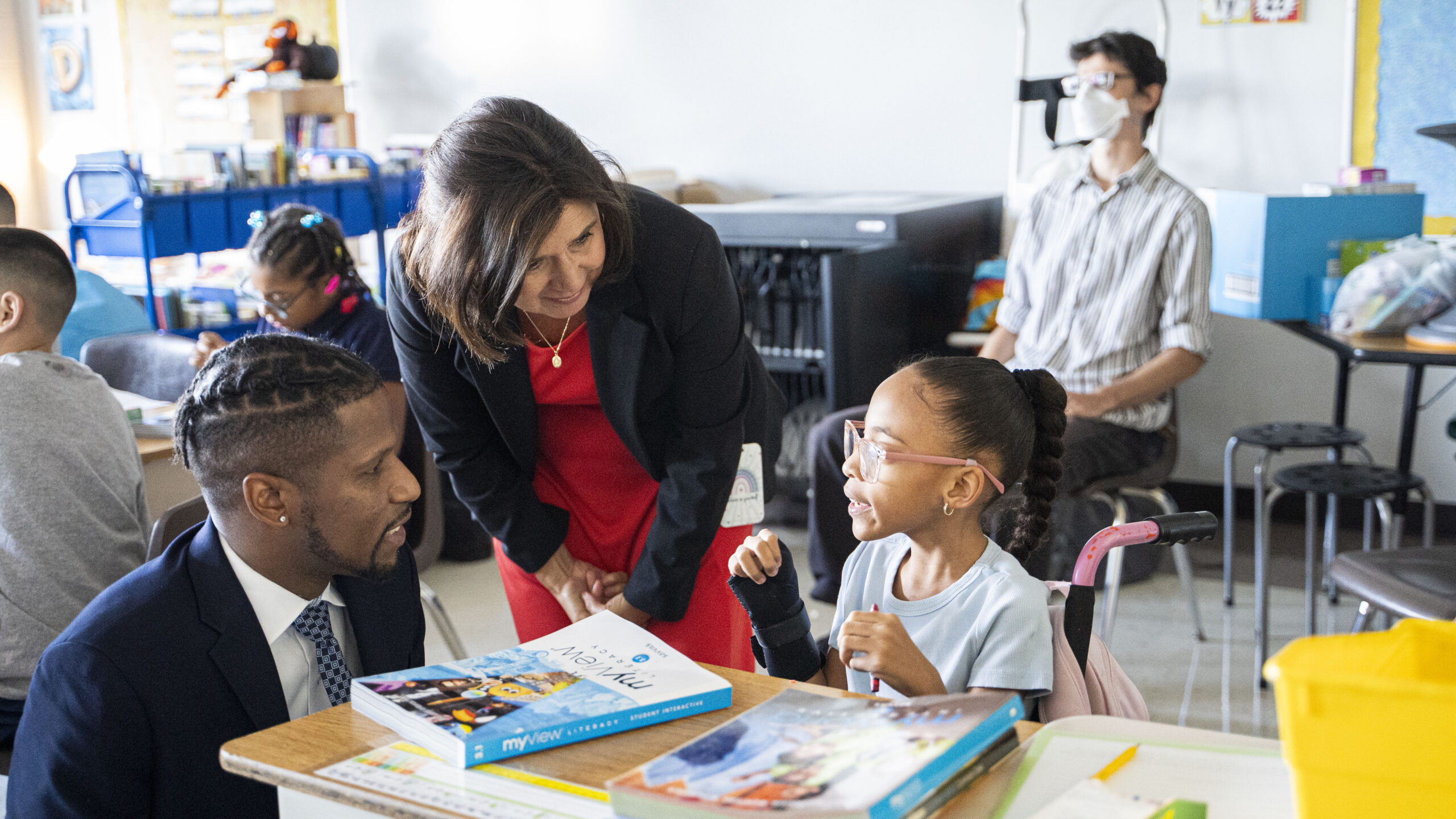 Chicago Academy Elementary Principal Joyce Pae speaking with students