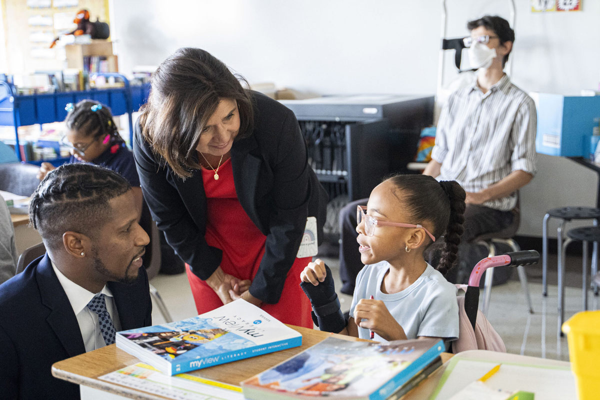 Chicago Academy Elementary Principal Joyce Pae speaking with students